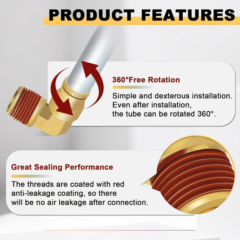 Siptenk 3/8" Elbow DOT Brass Push to Connect Air Line Fittings 5 PCS, 3/8" OD Tube x 3/8" NPT Thread Air Brake Line Quick Connect Fittings for Truck Trailers Industry Air System - Image 3